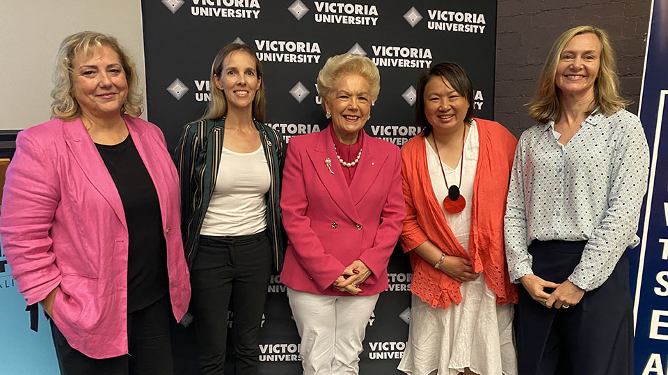 Janet Cribbes, Anita Hobson-Powell, Dr Susan Alberti AC, Sarah Loh and Professor Clare Hanlon.