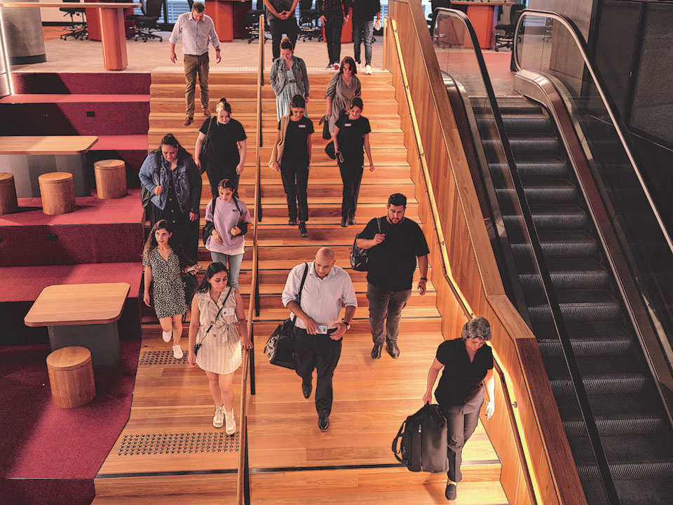 Students descending a flight of steps