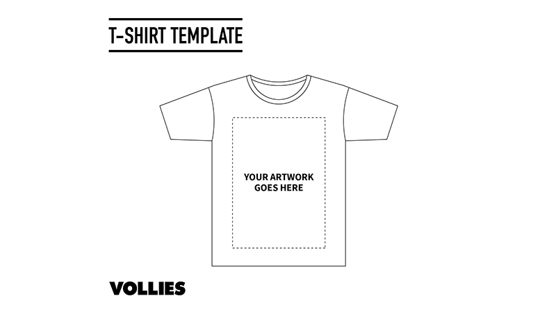 T-shirt template: design with text 'Your artwork goes here'. Label: Vollies.