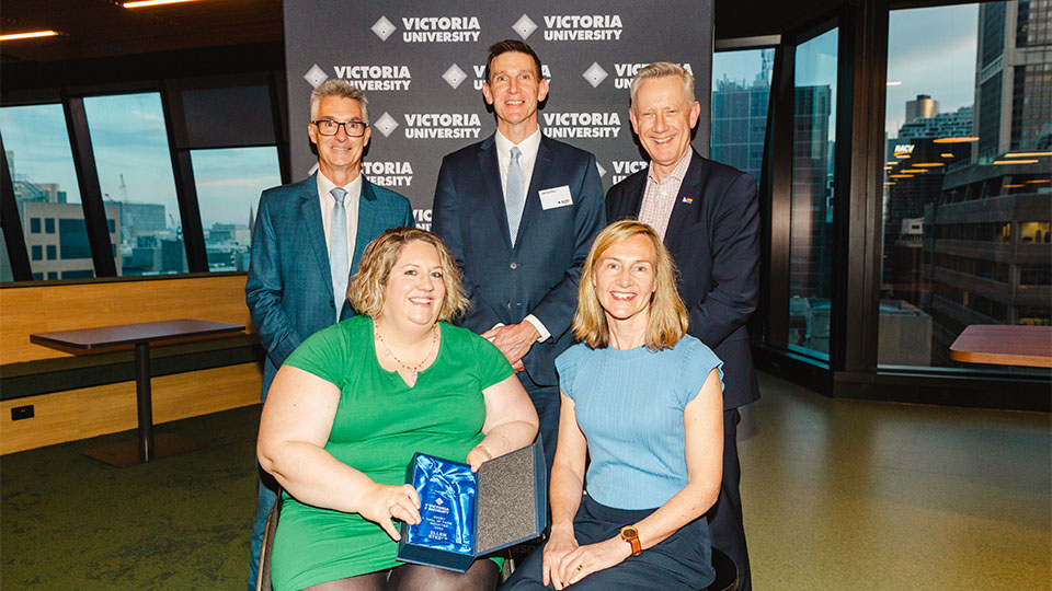 2023 Hall of Fame Inductee Elle Steele PLY with Vice-Chancellor and President Professor Adam Shoemaker, Director of VU Sport James Nightingale, Susan Alberti Women in Sport Chair Professor Clare Hanlon and Sport Services Manager Scott Cashmere.