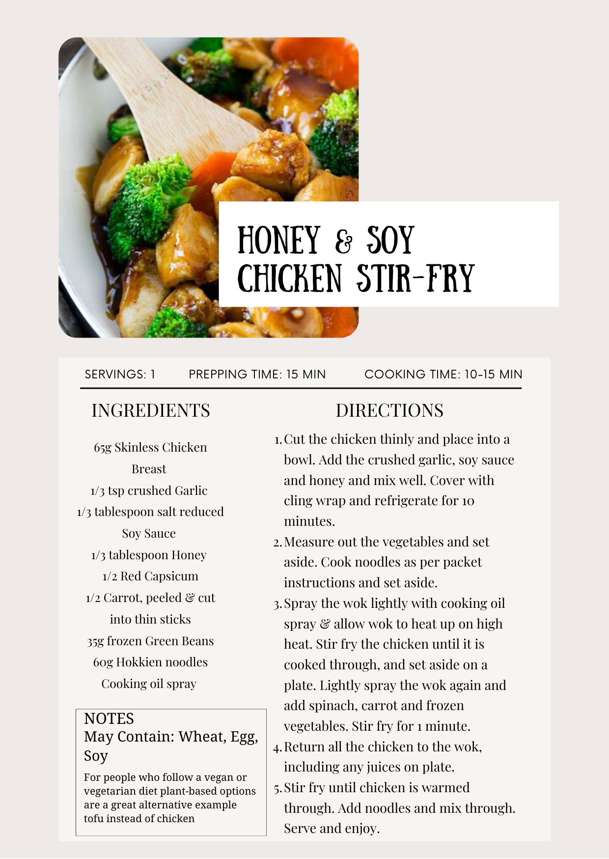  Honey and soy chicken stir fry recipe card with recipe featured on left hand side.