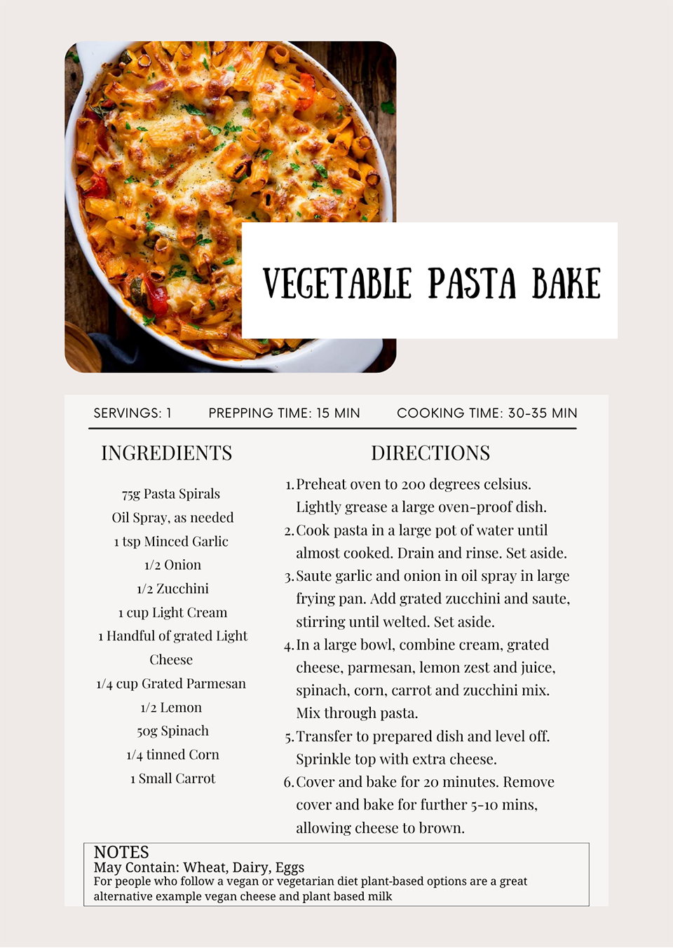  Recipe card with Vegetable pasta bake