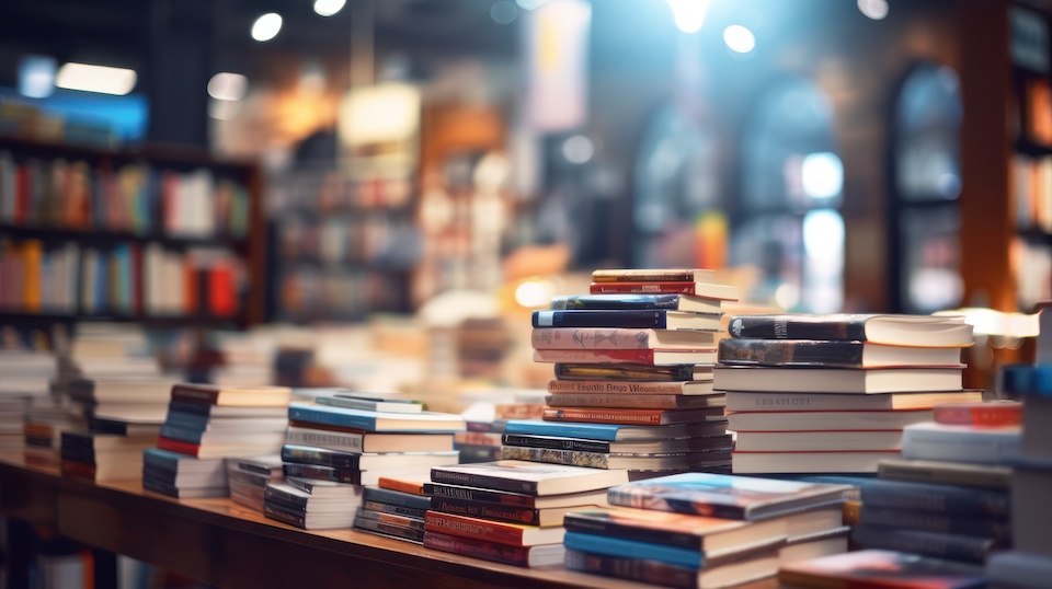 piles of books in bookshop