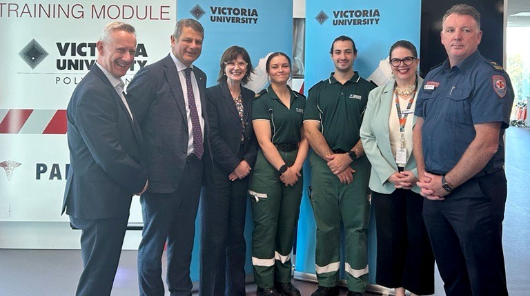 Professor Adam Shoemaker, the Hon. Steve Bracks AC, the Hon. Mary-Anne Thomas MP, Paramedicine students Courtney Mitchell and Ayden Taranto, Jane Miller, CEO of Ambulance Vic and Anthony Carlyon, ED Clinical Operations at the Centre announcement.  