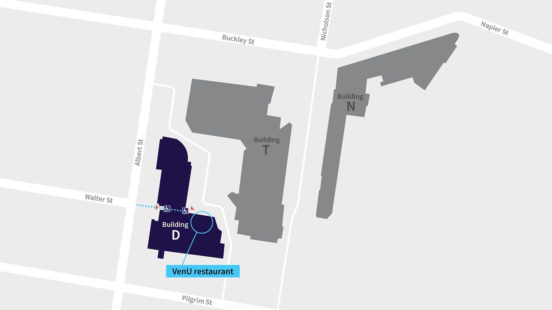 A map demonstrating where VenU restaurant is located in VU's Footscray Nicholson campus.