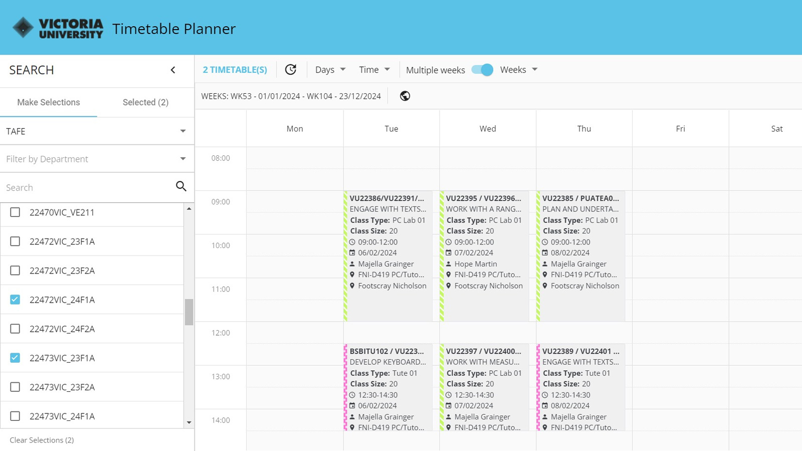 A screenshot of Timetable Planner. On the left side, rows of TAFE course groups are selected from a list. On the right-hand side is a calendar showing when classes are happening.