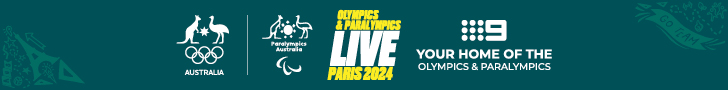 Green and gold logo with Kangaroo, Emu & Olympic rings, Olympics & Paralymics LIVE Paris 2024, Nine Network