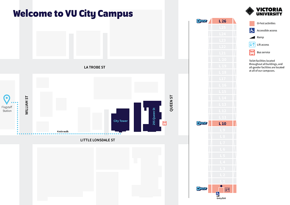 A map of VU's City Tower campus, showing the location of 2025 'O-Fest' activities.