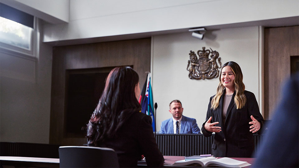 A VU Law student engages in a mock trial. 