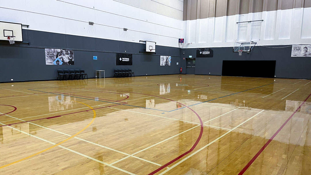 An indoor basketball court.