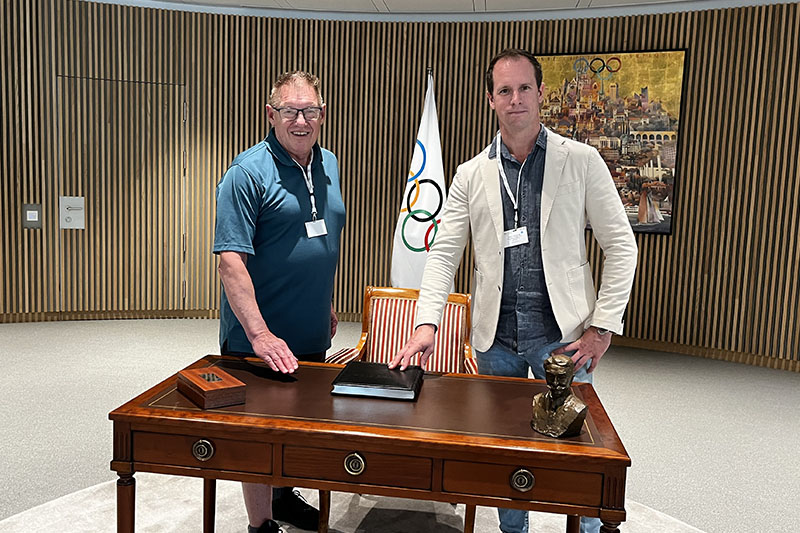 Richard Baka from VU and Bjorn Galjaardt from U of Q at the 4th Colloquium of OSRCs in France during a tour of the IOC headquarters in Lausanne, Switzerland