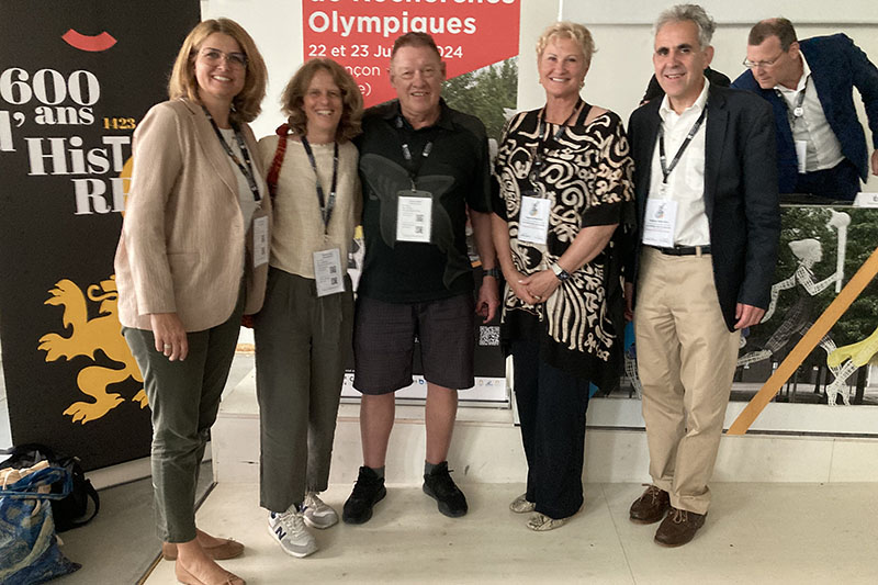 Maria Bogner and Nuria Puig from the IOC, Richard Baka from VU, Angela Schneider from Western University, Canada, and Stephan Wassong from the German Sport University at the 4th Colloquium of OSRCs in France