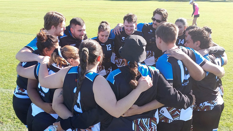 The VU squad in a huddle at the Indigenous Nationals