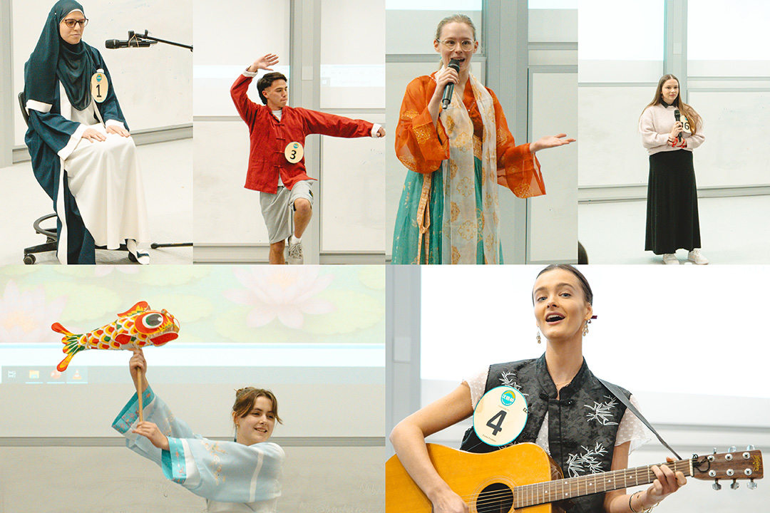 A collage of young people in different costumes performing their talents