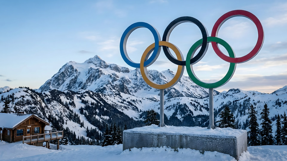 Large Olympic Rings stand in the snow at Milano Cortina Winter Games, against the backdrop of a snow-coated mountain.