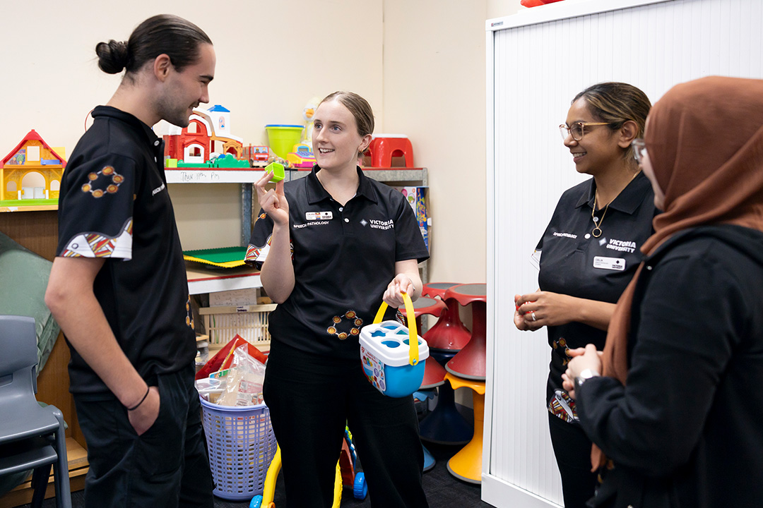Four VU speech pathology students having a conversation