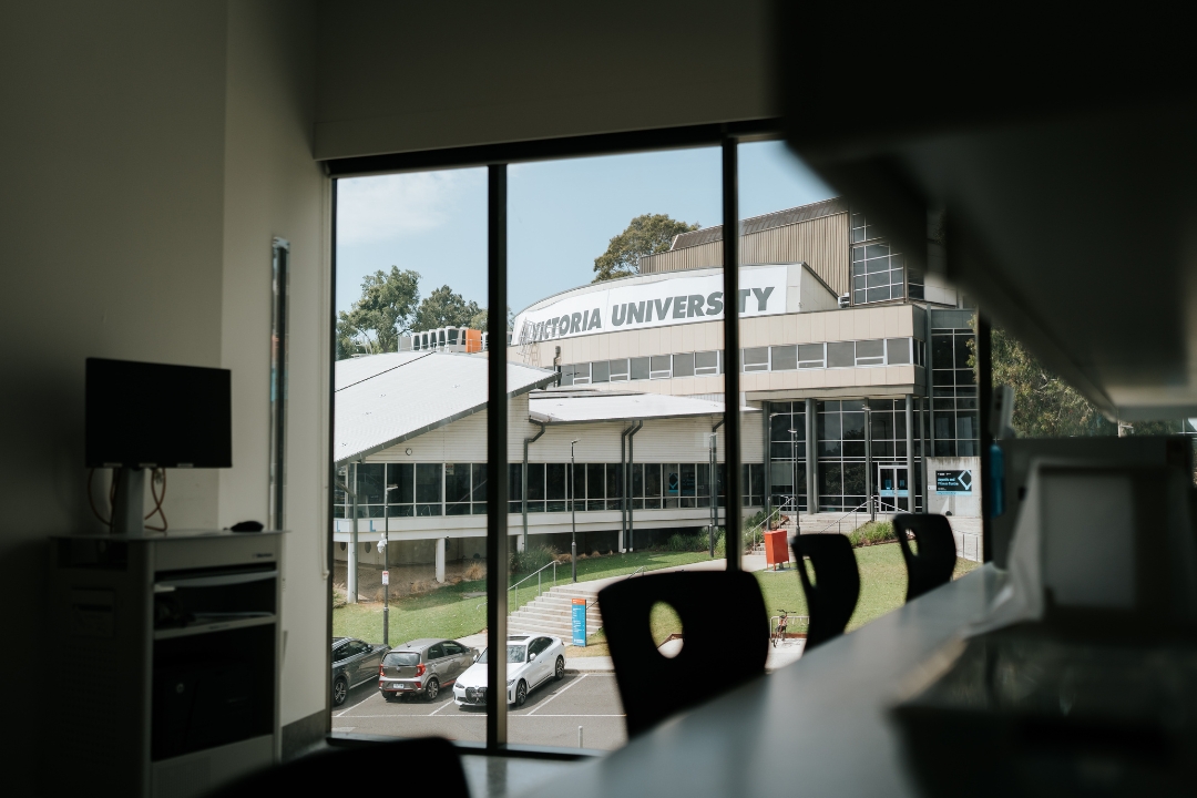 View from inside the sports science labs looking out across campus