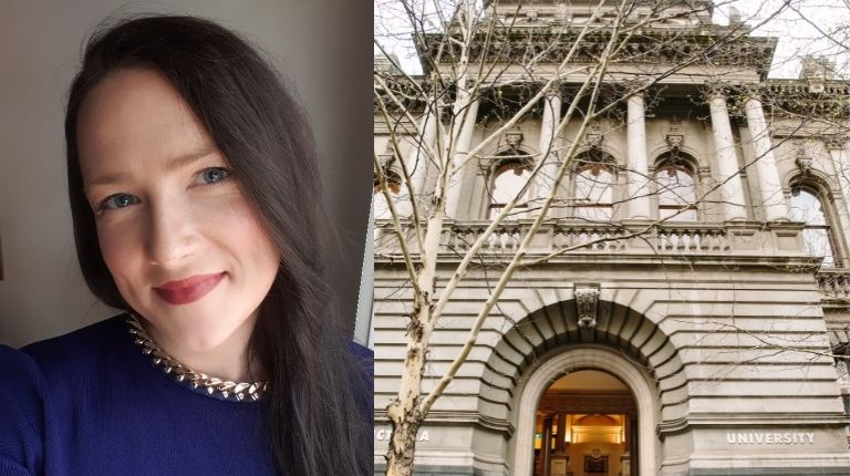 VU law graduate Hailey Wallace and the heritage law building at VU City Campus.