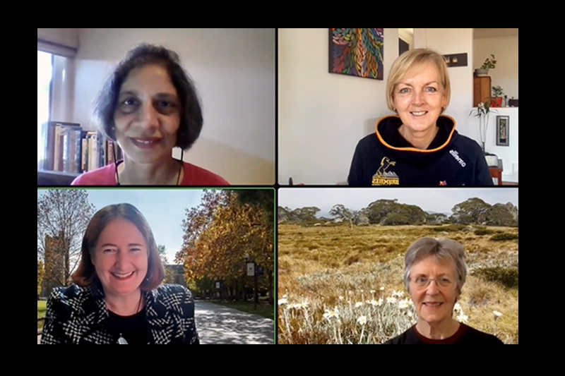 Four middle aged women collaborate in an online meeting