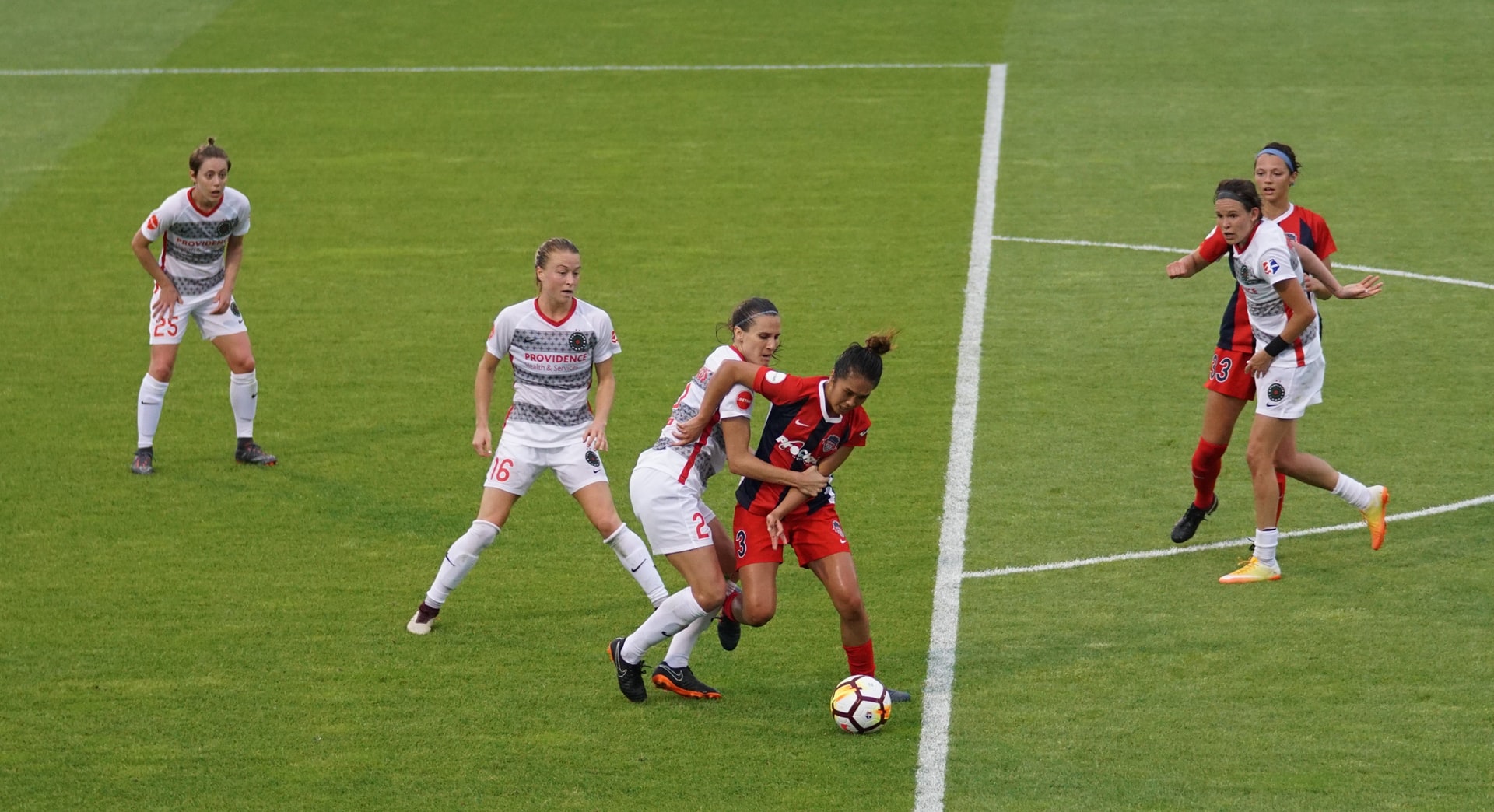Women playing soccer