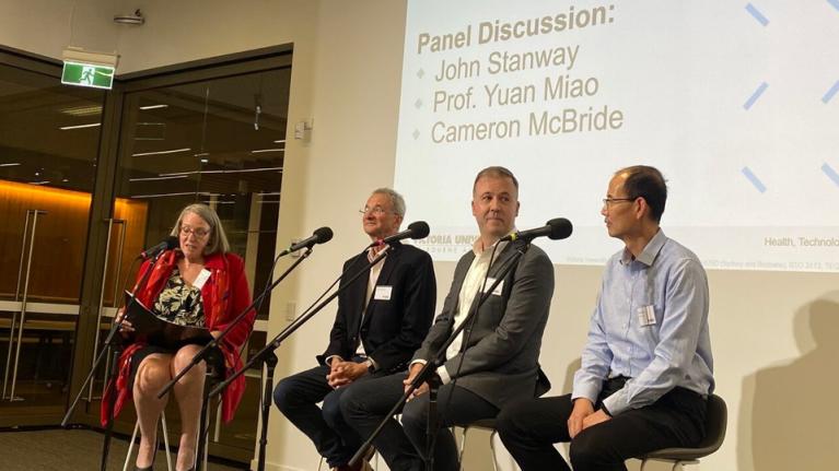 Prof. Karen Dodd, John Stanway, Cameron McBride, Prof. Yuan Miao at a panel discussion at VU Footscray Park Campus