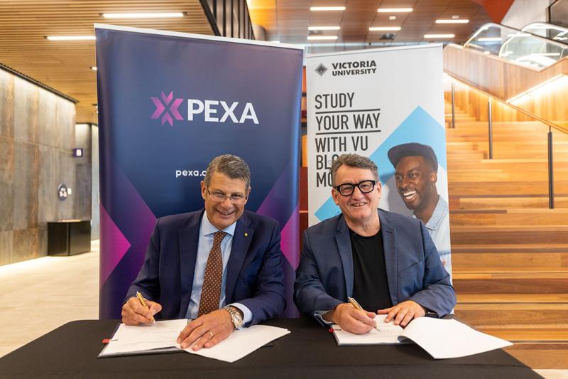 VU Chancellor Steve Bracks with PEXA Group Managing Director Glenn King at City Tower.