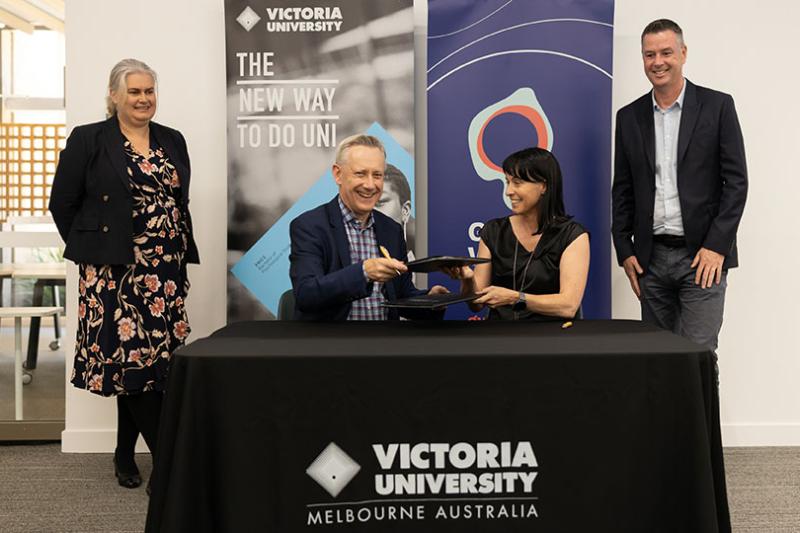 Left to right: GWW Partnerships Manager Kirsty Henry; VU Vice Chancellor Adam Shoemaker; GWW Managing Director Maree Lang; VU Deputy Vice Chancellor Wade Noonan