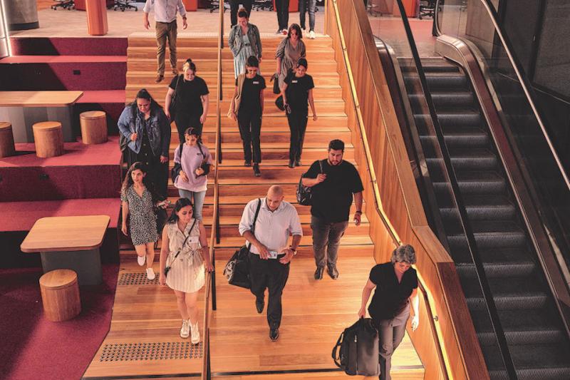 Students descending a flight of steps