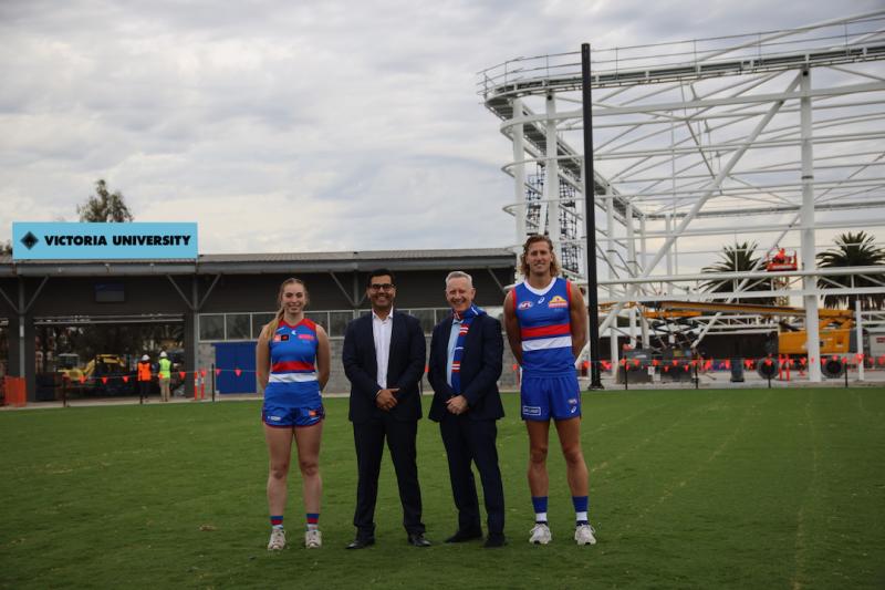 Western Bulldogs players and CEO with VU Vice-Chancellor at Whitten Oval