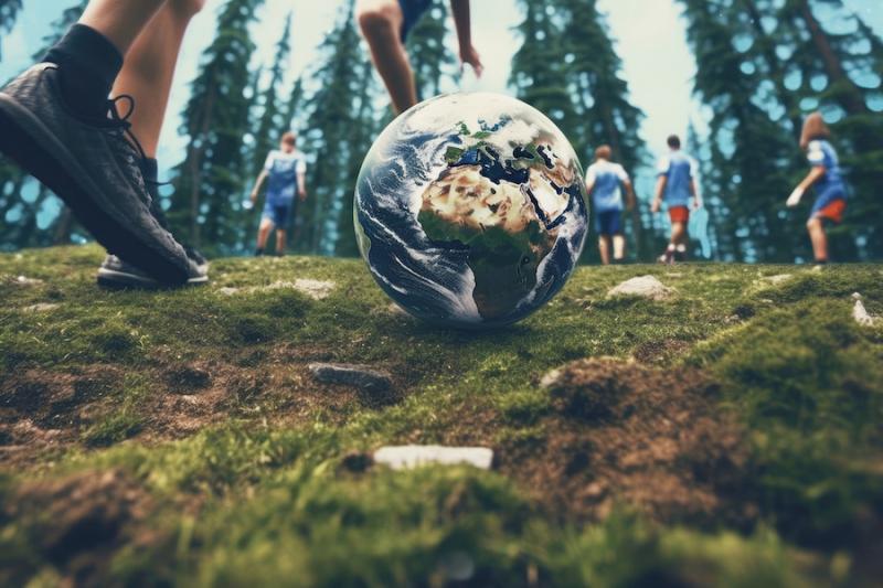 People playing soccer with a ball which looks like planet earth