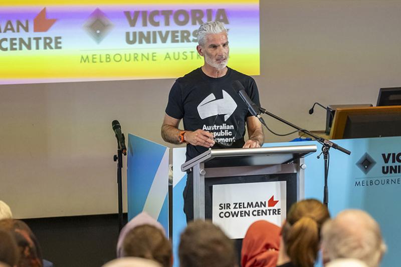 Craig Foster presenting at Sir Zelman Cowen Centre, with a capacity audience