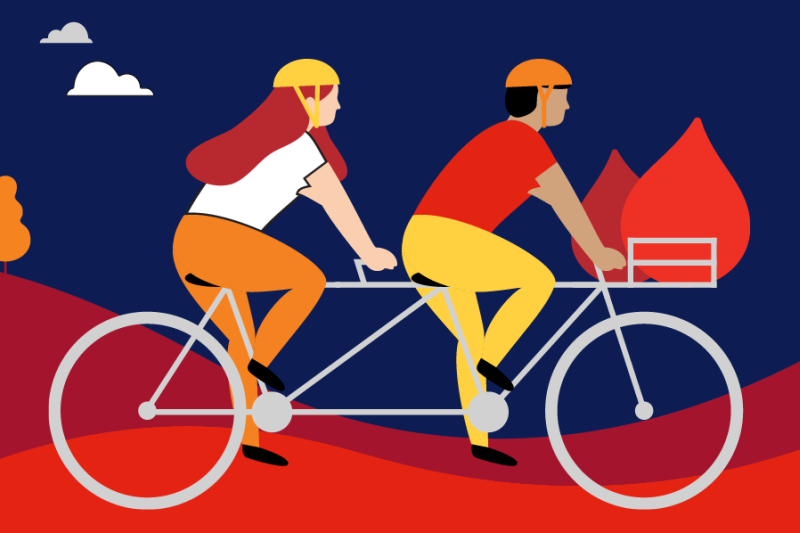 An illustration of two people cycling tandem on a bike.