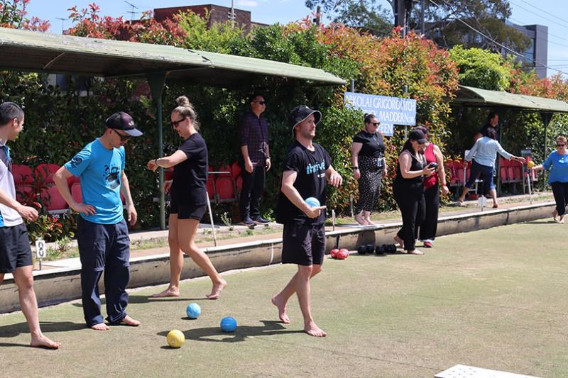 thrive* participants playing barefoot balls.