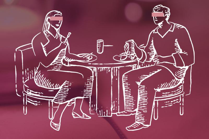 A sketched illustration of two people dining at a restaurant, with blindfolds over their eyes.
