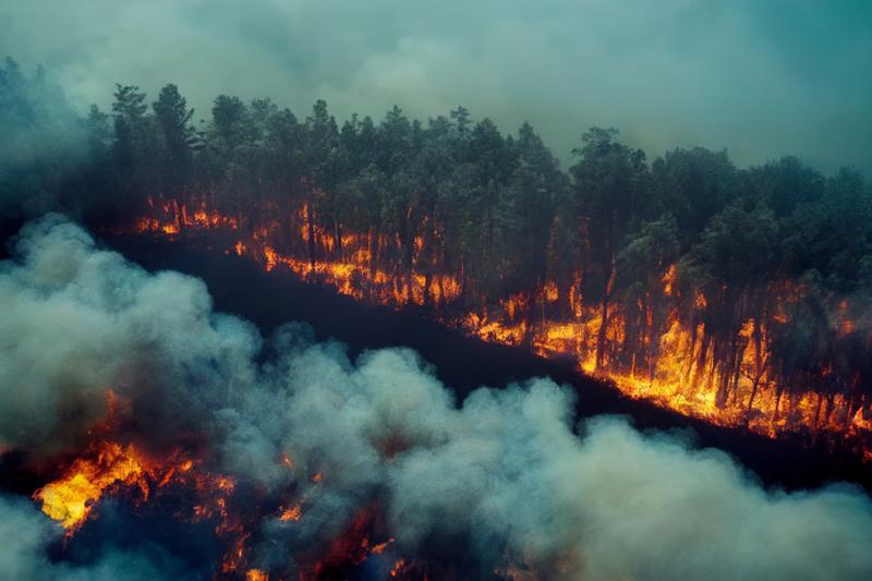 A bushfire tearing through a forest. Thick smoke covers the landscape.