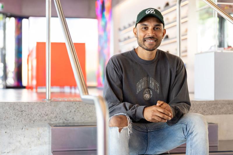 Vince Lebon sitting at Rollie HQ, Fitzroy