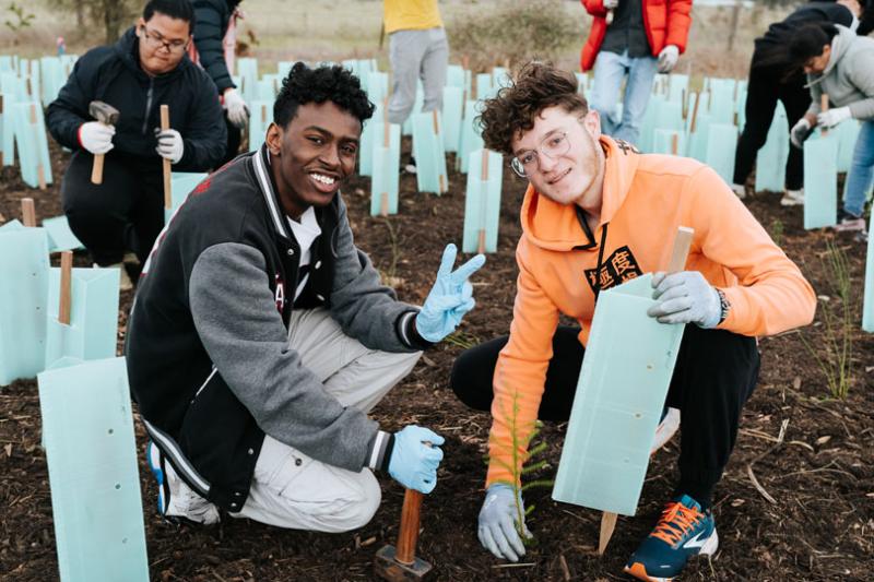 Two people kneel at a tree planting site, smiling at the camera while planting a small tree. There are a number of individuals in the background also planting trees.