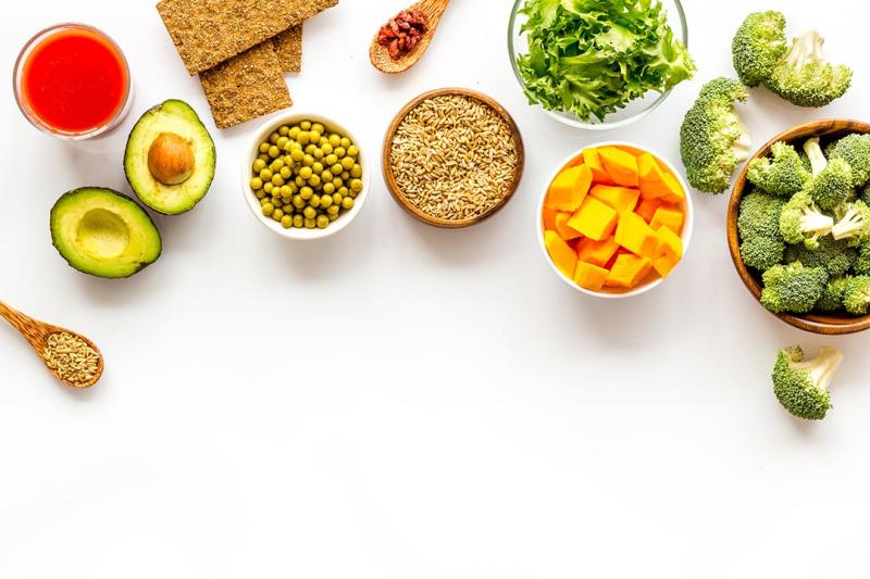 An array of healthy food on a white background.