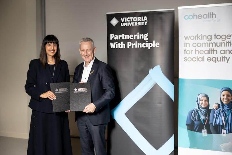 cohealth CEO Nicole Bartholomeusz and VU VC Adam Shoemaker.