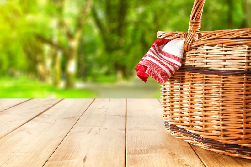 Picnic basket with rug poking out against a green backdrop.