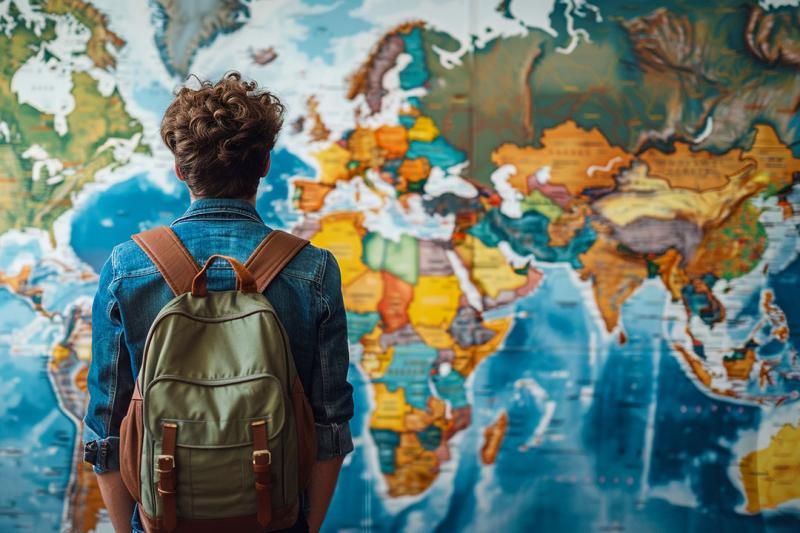 A Student looking at a world map, faced away from the camera