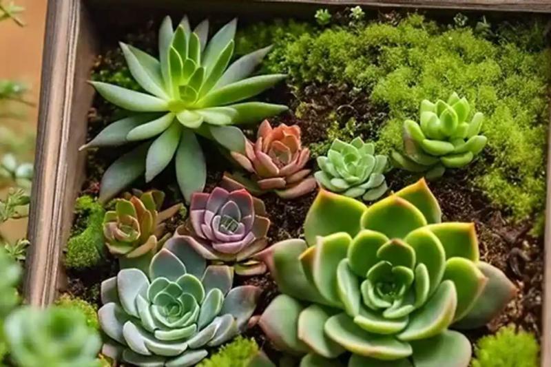 Succulent plants in a square, wooden pot.