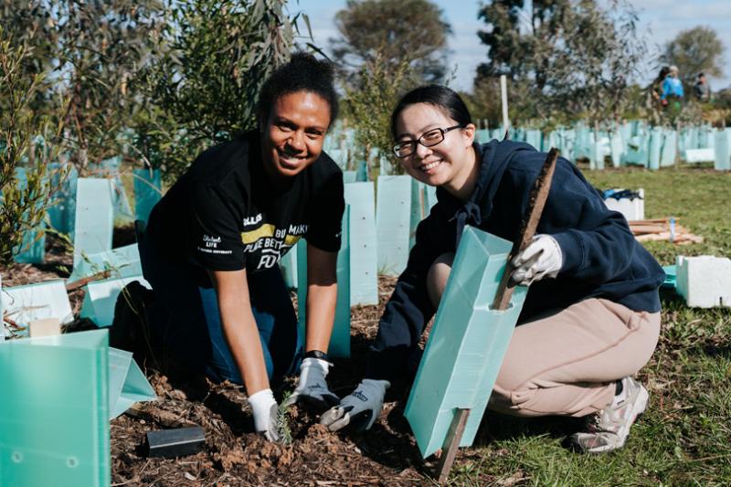Two people are planting trees at the 2024 VU Community Tree Planting Day