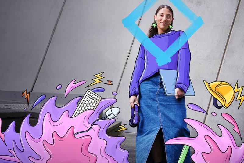 A woman standing in front of a wall. Surrounding her are illustrations of waves and career imagery, including hard hats. A blue diamond surrounds her head and shoulders.