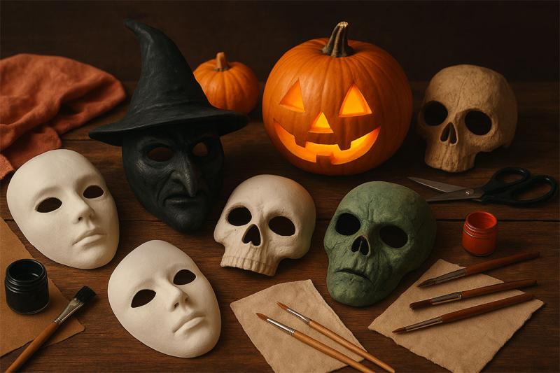 Halloween masks jack'o'lantern and paintbrushes on a desk.