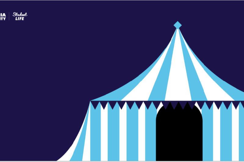 Modern illustration of striped circus tent on dark blue background. 