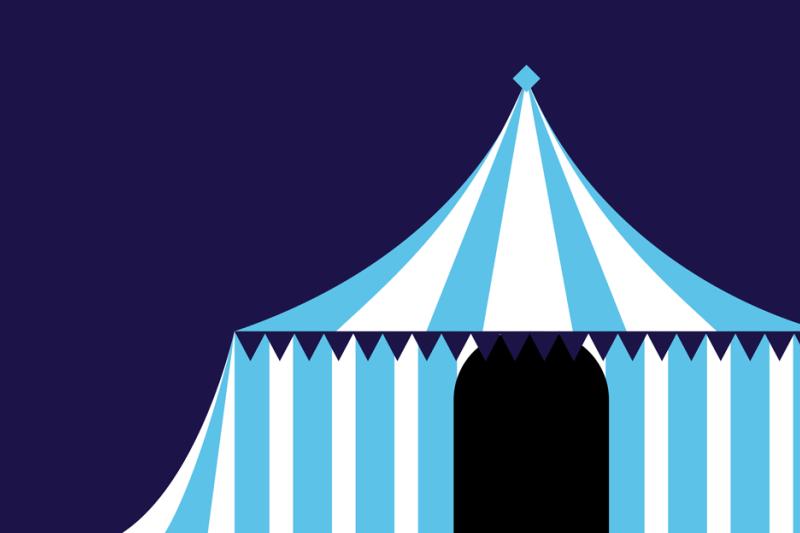 A carnival tent in the Victoria University brand colours blue and dark purple