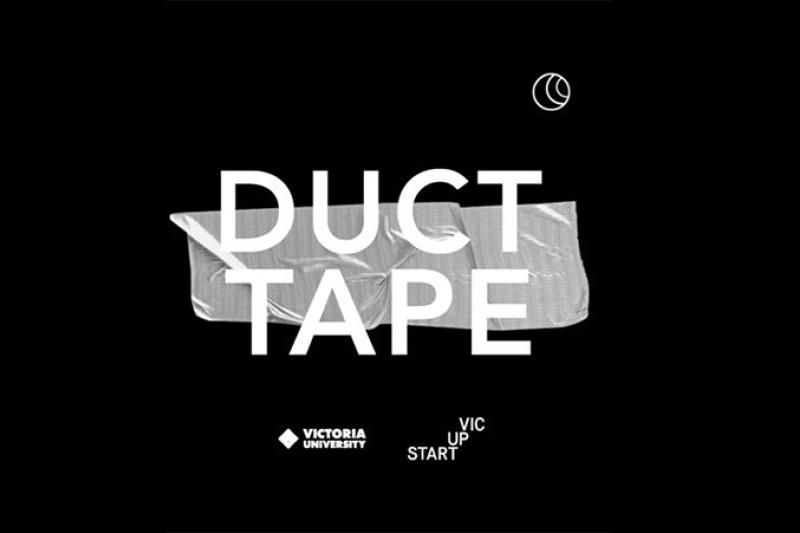 Duct Tape printed over silver duct tape, Victoria University and start up victoria logos