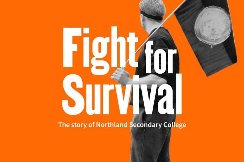 Fight for Survival poster with man holding Aboriginal flag 