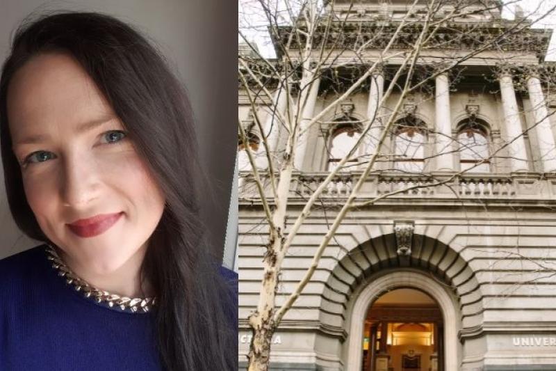 VU law graduate Hailey Wallace and the heritage law building at VU City Campus.
